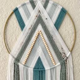 Aqua Teal & White Beaded Wall Hanging, Retro Macrame Decor, Yarn Tapestry, Woven Hoop, 70's Handmade Hangings - thumbnail 2
