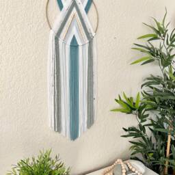Aqua Teal & White Beaded Wall Hanging, Retro Macrame Decor, Yarn Tapestry, Woven Hoop, 70's Handmade Hangings - thumbnail 3
