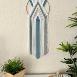 Aqua Teal & White Beaded Wall Hanging, Retro Macrame Decor, Yarn Tapestry, Woven Hoop, 70's Handmade Hangings - thumbnail 4