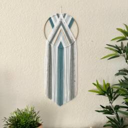Aqua Teal & White Beaded Wall Hanging, Retro Macrame Decor, Yarn Tapestry, Woven Hoop, 70's Handmade Hangings