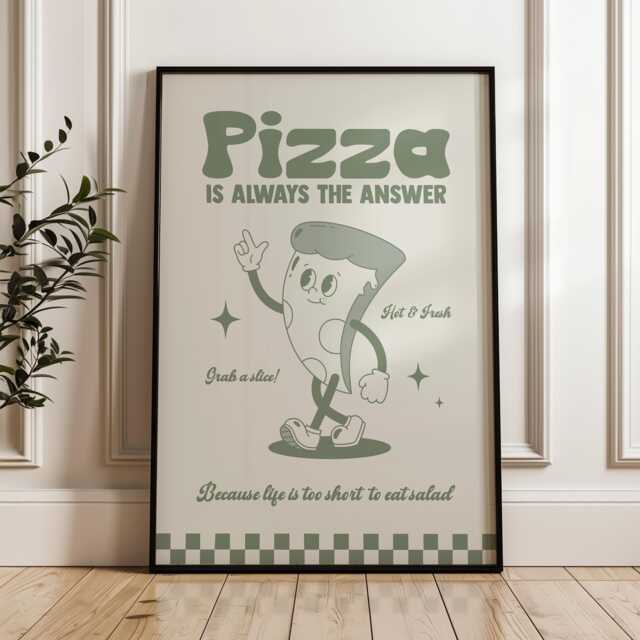 Retro Cartoon Pizza Print, Charming Style Gift For Foodie, Lover Food Kitchen Wall Art 2544 - image 1
