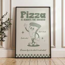Retro Cartoon Pizza Print, Charming Style Gift For Foodie, Lover Food Kitchen Wall Art 2544 - thumbnail 1