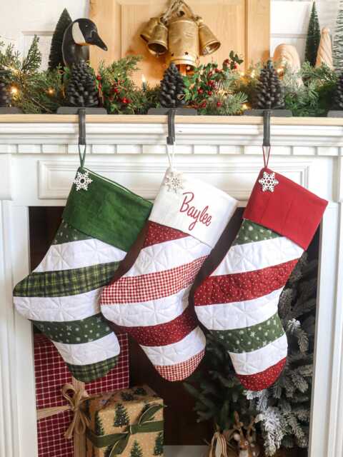 Quilted Christmas Stocking Set Candy Cane Striped, Option Of Embroidered Cuff - image 1