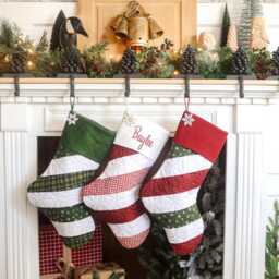 Quilted Christmas Stocking Set Candy Cane Striped, Option Of Embroidered Cuff - thumbnail 4