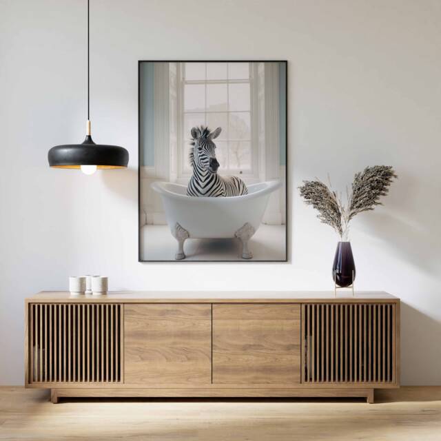 Zebra in Tub Wall Art, Bathroom Art Print, Funny Bathing, Animal Bathtub - image 1