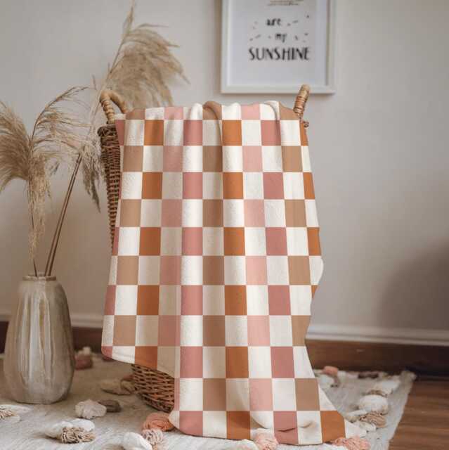 Checkered - Fall, Orange Peach Brown, Sherpa Fleece Blanket, Decor, Kids Bedding, Blankets, Bedroom, Fall Autumn Blanket - image 1