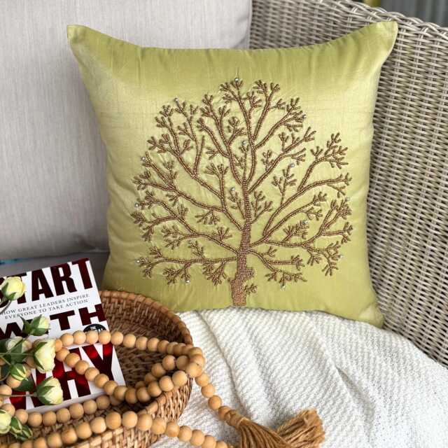 Nature & Floral Pattern Beaded Green Art Silk Pillow Sham, 24x24/26x26, Contemporary Style Euro Square Pillowcase - Tree Of Life - image 1