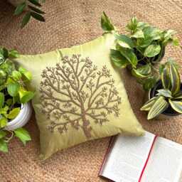 Nature & Floral Pattern Beaded Green Art Silk Pillow Sham, 24x24/26x26, Contemporary Style Euro Square Pillowcase - Tree Of Life - thumbnail 3