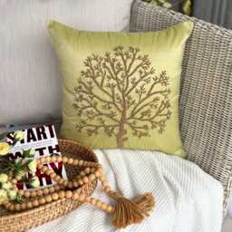 Nature & Floral Pattern Beaded Green Art Silk Pillow Sham, 24x24/26x26, Contemporary Style Euro Square Pillowcase - Tree Of Life - thumbnail 2