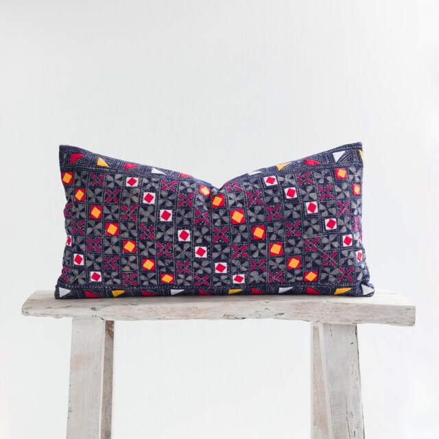Hill Tribe Lumbar Pillow Indigo Batik, Embroidered Geometric Design - image 1