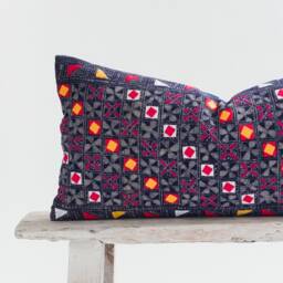 Hill Tribe Lumbar Pillow Indigo Batik, Embroidered Geometric Design - thumbnail 3