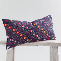 Hill Tribe Lumbar Pillow Indigo Batik, Embroidered Geometric Design - thumbnail 2