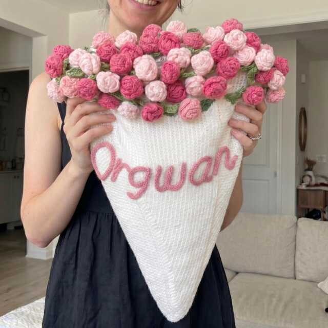 Personalized Crochet Flower Blanket, Custom Name Rose Bouquet Handmade Floral Throw, Gift For Her, Birthday - image 1
