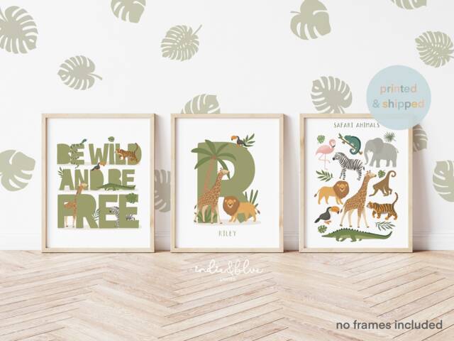 Set Of 3 Safari Animals Prints, Personalised Name Print, Be Wild Jungle Playroom Scandi Kids Art - image 1