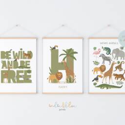Set Of 3 Safari Animals Prints, Personalised Name Print, Be Wild Jungle Playroom Scandi Kids Art - thumbnail 2