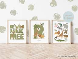 Set Of 3 Safari Animals Prints, Personalised Name Print, Be Wild Jungle Playroom Scandi Kids Art - thumbnail 1