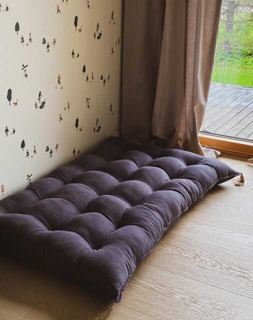 Grey Linen Floor Cushion With Cotton Tassels Tufted Boho Seating, Kids Pillow - image 1