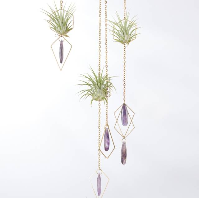 Amethyst Hanging Air Plant Holder Mobile, Brass Suncatcher, Geometric Hanger, Display, Gift Idea - image 1