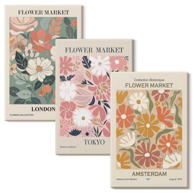 Canvas Wall Art Set Of 3 - Floral Patterns London Tokyo & Amsterdam Posters, Beige Photo Print, Plants Flowers Decor - image 1