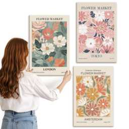Canvas Wall Art Set Of 3 - Floral Patterns London Tokyo & Amsterdam Posters, Beige Photo Print, Plants Flowers Decor - thumbnail 2