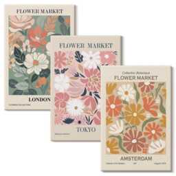 Canvas Wall Art Set Of 3 - Floral Patterns London Tokyo & Amsterdam Posters, Beige Photo Print, Plants Flowers Decor - thumbnail 1