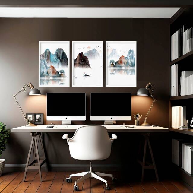 Calming Japanese Office Desk Decor For Men Set Of 3 Framed Panel Wall Art, Teal Large Japandi Designer Landscape Gallery Art - image 1