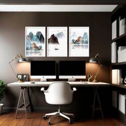 Calming Japanese Office Desk Decor For Men Set Of 3 Framed Panel Wall Art, Teal Large Japandi Designer Landscape Gallery Art