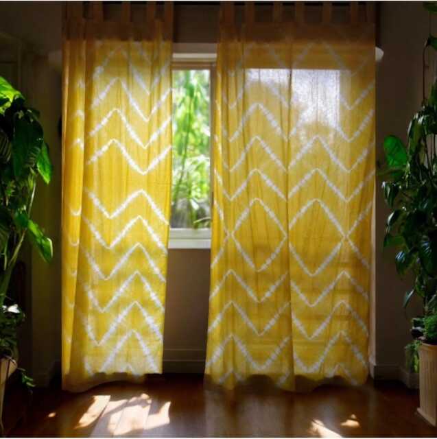 Clearance -Yellow Zig Zag Tie Dyed Curtains, Breezy Semi Sheer Soft Cotton Curtain Panels in Bright Yellow, Colorful Lively Curtains - image 1