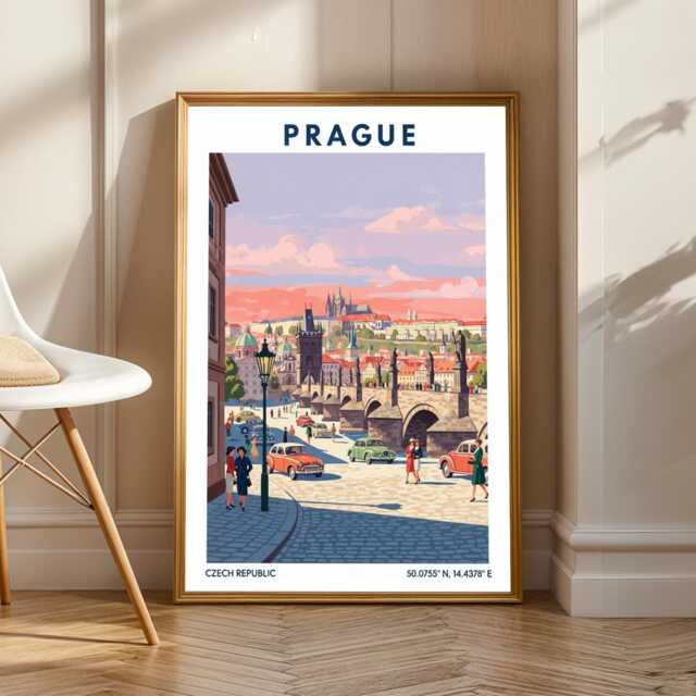 Prague Charles Bridge Poster Vintage Gouache European Cityscape Art - image 1