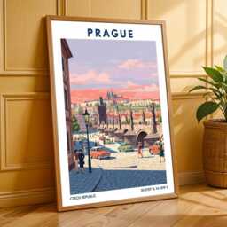 Prague Charles Bridge Poster Vintage Gouache European Cityscape Art - thumbnail 3