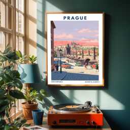Prague Charles Bridge Poster Vintage Gouache European Cityscape Art - thumbnail 2