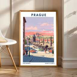 Prague Charles Bridge Poster Vintage Gouache European Cityscape Art - thumbnail 1
