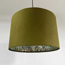Olive Green Velvet Wonderland Drum Lampshade, Double Sided Lampshade With Sage Paper On Interior - thumbnail 3