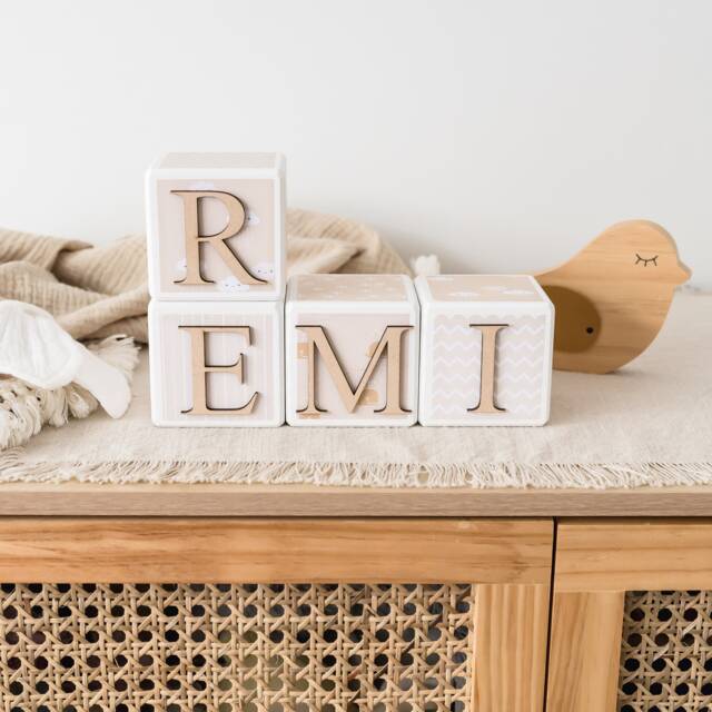 Personalised Wooden Name Blocks Neutral Newborn - Baby Name Blocks Keepsake Gift - image 1