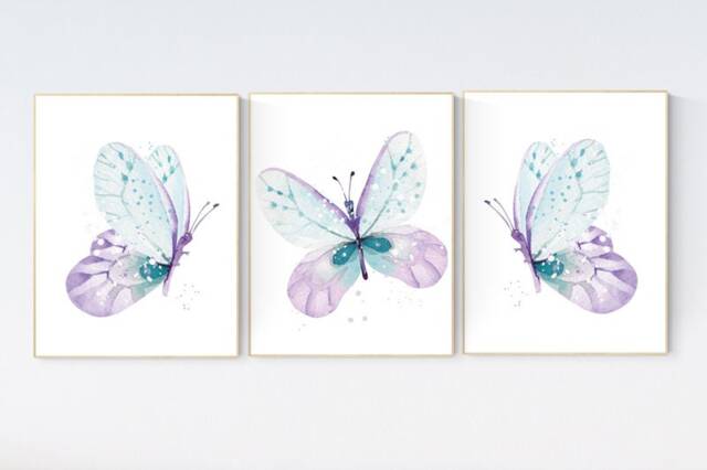 Butterfly Nursery Art Print Purple, Mint & Lavender Decor - image 1