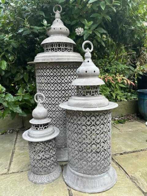 Set 3 Extra Large Metal Garden Lantern French Grey Moroccan Rustic - image 1