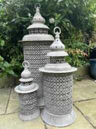 Set 3 Extra Large Metal Garden Lantern French Grey Moroccan Rustic - thumbnail 1