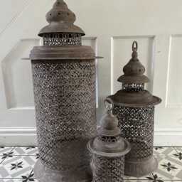 Set 3 Extra Large Metal Garden Lantern French Grey Moroccan Rustic - thumbnail 2