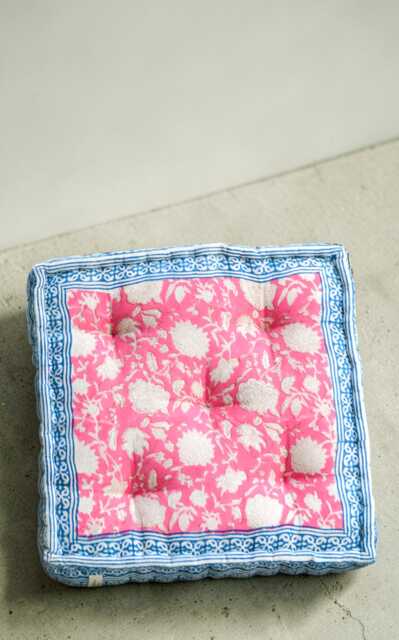 Pink Cotton Floor Cushion Hand-Block Printed Indian Pillow, Reversible Floral Design - image 1