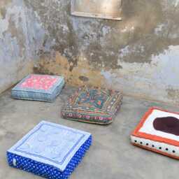 Pink Cotton Floor Cushion Hand-Block Printed Indian Pillow, Reversible Floral Design - thumbnail 3