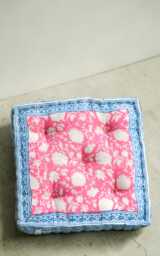 Pink Cotton Floor Cushion Hand-Block Printed Indian Pillow, Reversible Floral Design - thumbnail 1