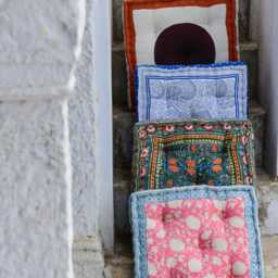 Pink Cotton Floor Cushion Hand-Block Printed Indian Pillow, Reversible Floral Design - thumbnail 2