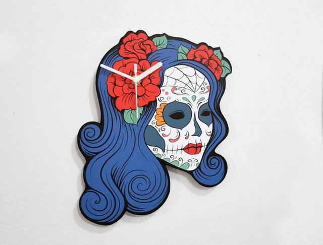 Sugar Skull Catrina Calavera Blue Hair - Wall Clock - image 1