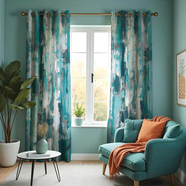 Abstract Teal Curtains, Modern Brushstroke Pattern Drapes, Contemporary Artistic Window Panels, Made To Measure Living Room Decor - image 1