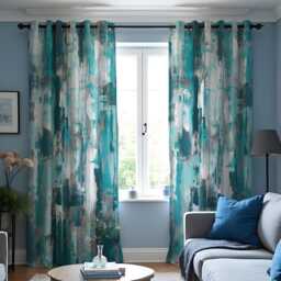 Abstract Teal Curtains, Modern Brushstroke Pattern Drapes, Contemporary Artistic Window Panels, Made To Measure Living Room Decor - thumbnail 2