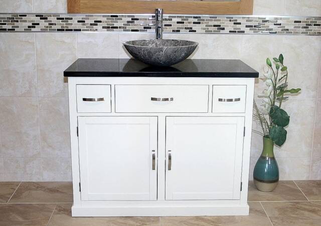 Bathroom White Vanity Unit Oak Top Cabinet Wash Stand Black Quartz Marble Stone Basin 1161Pbqsbc - image 1