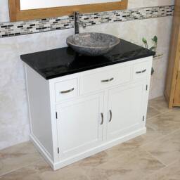 Bathroom White Vanity Unit Oak Top Cabinet Wash Stand Black Quartz Marble Stone Basin 1161Pbqsbc - thumbnail 3