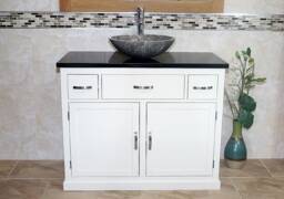 Bathroom White Vanity Unit Oak Top Cabinet Wash Stand Black Quartz Marble Stone Basin 1161Pbqsbc