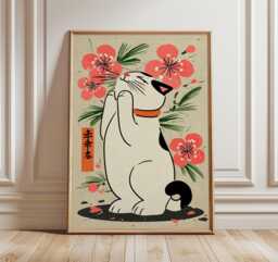 Japanese Lucky Cat Wall Art, Maneki Neko Poster With Cherry Blossoms, Traditional Zen Style Print For Calming Asian Home Decor - thumbnail 1