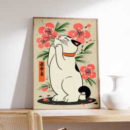 Japanese Lucky Cat Wall Art, Maneki Neko Poster With Cherry Blossoms, Traditional Zen Style Print For Calming Asian Home Decor - thumbnail 2